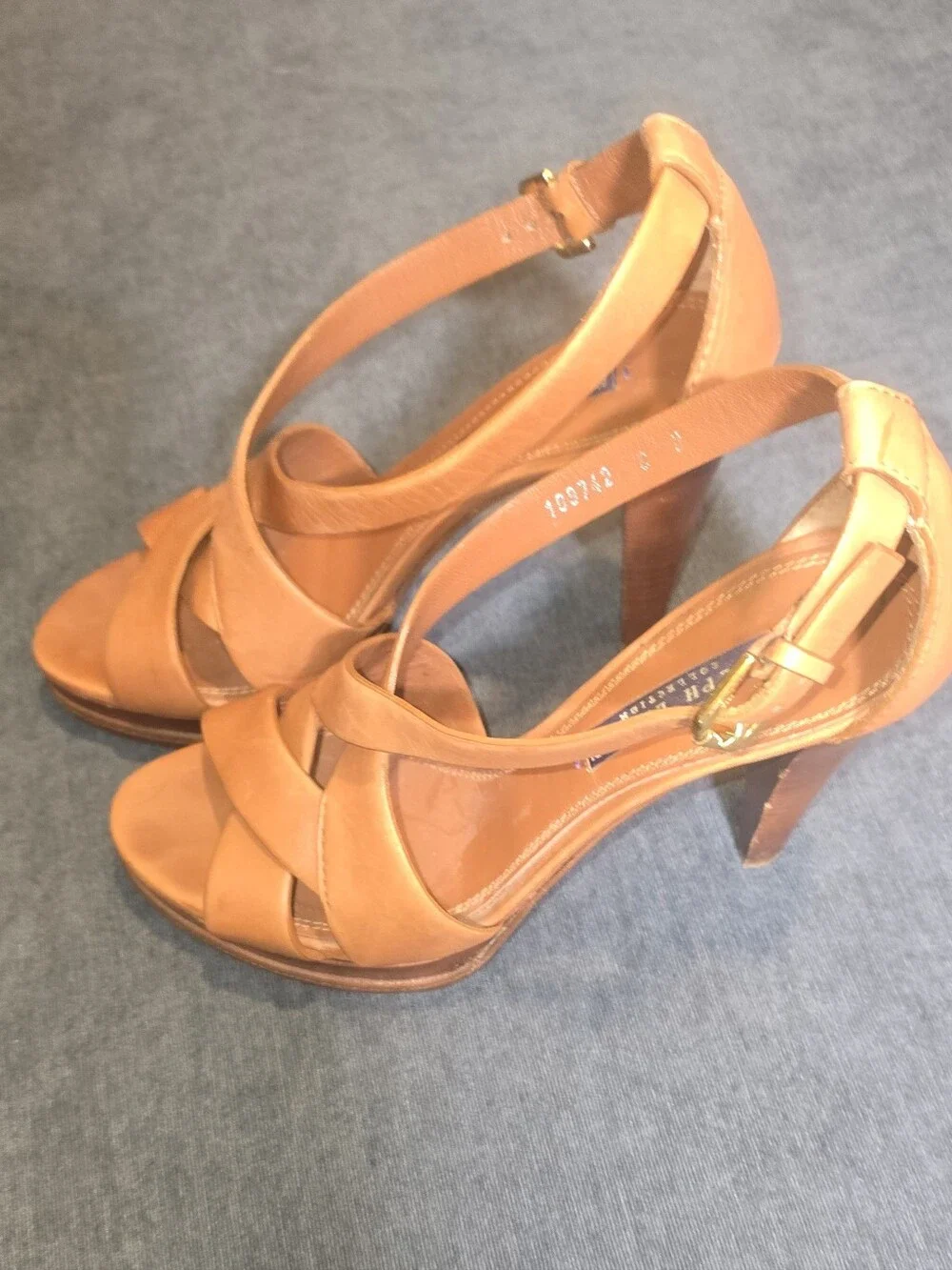 Ralph Lauren Collection Tan Leather Strappy Platform High Heels Sandals Size 8B